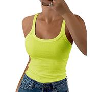 GEMBERA Camiseta sin Mangas Acanalada con Tirantes Delgados, Cuello Redondo, Entallada, de algodón, básica, sin Mangas, para Mujer, Verde neón, Medium