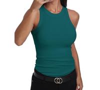 GEMBERA - Camiseta sin Mangas Ajustada con Espalda nadadora y Cuello Alto de algodón Acanalado para Mujer, Verde Azulado, XL