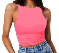 GEMBERA Camisetas cortas de cuello alto para mujer, camisetas sin mangas básicas con espalda cruzada, Neón/Rosa, Small