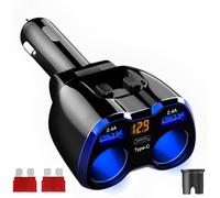 GemCoo USB Tipo C Cargador de Coche Encendedor de Cigarrillos 120W, 12V/24V Adaptador de Corriente de Coche con Dos Puertos de Carga USB para GPS, iPhone, Android (Azul)
