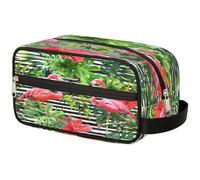 GeMeFv Neceser colgante de hojas tropicales con diseño de flamencos a rayas, portátil, de viaje, de gran capacidad, para hombres y mujeres, Hojas tropicales y flamencos a rayas, 10.5×4.4×5.3 in