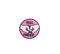 Gemelolandia | Parche Bordado Termoadhesivo Rosa con frase Real Friends - Edición Limitada - 7 x 7 cm - Ideal para mochilas y ropa
