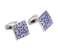 Gemelos cuadrados para hombre con patrón azul vintage, tono plateado con tachuelas francesas