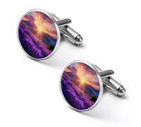 Gemelos de moda para hombre, diseño de flor de lavanda, montaña, paisaje, primavera, para camisas clásicas, para bodas, negocios, 2.0cm, Metal, No es una piedra preciosa