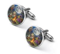 Gemelos de moda para hombre, diseño de rana y hoguera bajo la luna, para camisas clásicas, para bodas, negocios, 2.0cm, Metal, No es una piedra preciosa