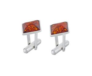 Gemelos para hombre de plata con ámbar, forma moderna, plata de ley pulida, ámbar natural en color coñac, idea de regalo
