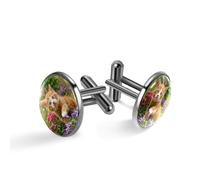 Gemelos para hombre, diseño de gato lindo jugando con flores, gemelos clásicos negros para traje, camisa, boda, negocios, cumpleaños, joyería, regalo