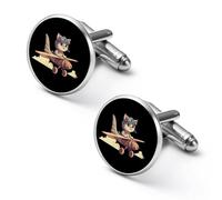 Gemelos redondos con diseño de gato volando en un avión para negocios, boda, fiesta, día del padre, 1.7cm, Metal, No es una piedra preciosa