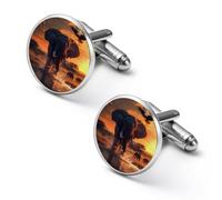 Gemelos redondos para camisa con diseño de elefante de puesta de sol para negocios, boda, fiesta, día del padre, 1.7cm, Metal, No es una piedra preciosa