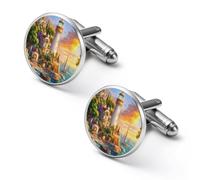 Gemelos redondos para camisa de faro, puesta de sol, para negocios, boda, fiesta, día del padre, 2.0cm, Metal, No es una piedra preciosa