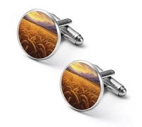 Gemelos redondos para camisa de puesta de sol dorado y trigo campestre para negocios, boda, fiesta, día del padre, 1.7cm, Metal, No es una piedra preciosa