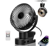 Gemmac Ventilador Silencioso con Luz LED, 8000mAh USB Recargable Power Bank 4 Velocidades Ventilador Portatil con Pinza, Gancho, 720° Rotation Ventiladores para Carrito Bebe/Oficina/Hogar/Camping