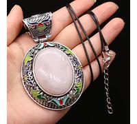 Gemmes naturelles Pierre Collier Pendentif Ovale Antique Argent Alliage Lapis Lazuli Cristal Collier pour Femmes-Quartz Rose