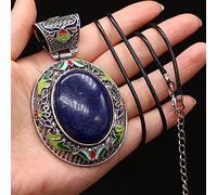 Gemmes naturelles Pierre Collier Pendentif Ovale Antique Argent Alliage Lapis Lazuli Cristal Collier pour Femmes-Lapis lazuli
