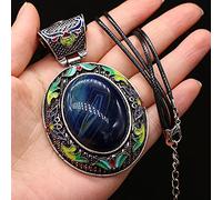 Gemmes naturelles Pierre Collier Pendentif Ovale Antique Argent Alliage Lapis Lazuli Cristal Collier pour Femmes-Agate bleue