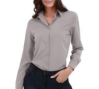 Gemolly Camisa básica de manga larga con botones para mujer, talla grande, simple, elástica, formal, casual, Gris claro, XXXL