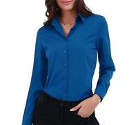 Gemolly Camisa básica de manga larga con botones para mujer, talla grande, simple, elástica, formal, casual, Azul Real, XL