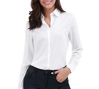 Gemolly Camisa básica de manga larga con botones para mujer, talla grande, simple, elástica, formal, casual, B-Blanco, XXXL
