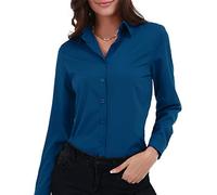 Gemolly Camisa básica de manga larga con botones para mujer, talla grande, simple, elástica, formal, casual, Azul real, XXXL