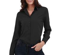 Gemolly Camisa básica de Manga Larga con Botones para Mujer, tamaño Grande, de algodón, elastizada, Formal, Informal, Blusa - Negro - Small