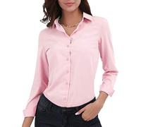 Gemolly - Camisas básicas de mujer con botones, manga larga, talla grande, camisas simples elásticas formales y casuales, Rosa, M