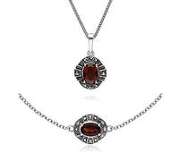 Gemondo Plata de Ley Ovalado Granate y Marcasita Racimo Pulsera & 45cm Necklace Set