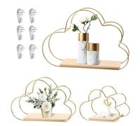 Gemsaya 3 estantes de pared en forma de nube, estantes flotantes montados en la pared, estante colgante geométrico decorativo dorado, alambre de metal y chapa de madera para sala de estar, dormitorio,