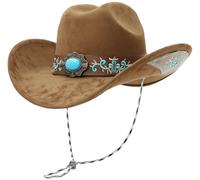 GEMVIE Sombrero de Vaquero Occidental Turquesa para Hombres y Mujeres, Sombrero de Vaquero de Gamuza de ala Grande, Bordado marrón con Correa para la Barbilla, Marrón, 7-7 1/4