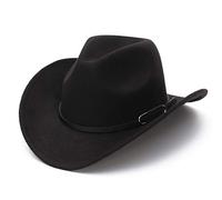 GEMVIE Sombrero de vaquero para hombre y mujer, clásico, con ala enrollable, sombrero de vaquero occidental con cinturón, Negro -, 7-7 1/8