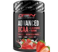 GEN GERMAN ELITE NUTRITION Advanced BCAA en Polvo - 450 g - BCAA 2:1:1 | Con Taurina y Glutamina - Sabor Strawberry - 13.500 mg de Aminoácidos - Solubilidad Instantánea - Vegano - 30 Porciones
