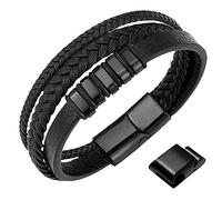 genac - Pulsera para hombre de piel auténtica y acero inoxidable con cierre magnético extraíble para ajustar fácilmente la longitud de la joya perfecta para un regalo (negro)
