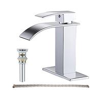 GENBONS Grifo de baño con boquilla de cascada, grifo de lavabo de baño de una sola manija, grifo mezclador de lavabo con drenaje emergente, latón macizo cromado
