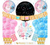 Gender Reveal Party Decoración 129 Pcs Revelacion Sexo Bebe Decoración, Baby Shower Revelacion de Sexo con Globo Negro, Stickers Confeti y Banner con Photo Booth Props de Tarjetas
