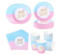 Gender Reveal Party Deko Vajilla Set para 20 invitados, Vajilla decoración revelación de género, Incluye platos, vasos y servilletas de papel, para Baby Showers, Boy or Girl, Fiestas de Gender Reveal