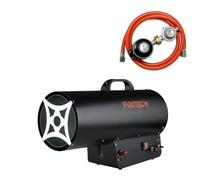 Generador aire caliente FUXTEC GH51 cañón gas con adaptador bombonas ESPAÑA, calentador, tubo conexión y reductor presión, potencia térmica 50 kW, flujo aire 650 m³/h.