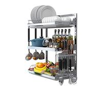 General 3 Tier Over The Sink Dish Drying Orgainzer Rack, Hanging Large Dish Dryer Rack Wall Mount Dish Drainer, 304 Stainless Steel Kitchen Plate Bowl Spice Organizer Storage Shelf,Silver