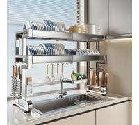 General 304 Stainless Steel Over-Sink Dish Drainer - 1-Tier Countertop Organizer with Cutlery Rack, Space-Saving Kitchen Drying Rack For Dishes and Utensils,5507 Silver Double Tier