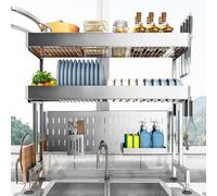 General Adjustable Stainless Steel Dish Rack Over Sink - High Capacity Dish Drainer Drying Rack with Cutlery Basket For Kitchen Countertop Organization,5355 55 88Cm Double Layer