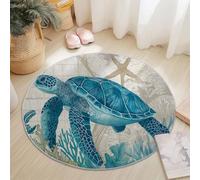 General Lavable a Máquina Alfombra Redonda 100 cm Antideslizante, Moderno Tortuga Pintura Impresión Suave Alfombra Redonda para Dormitorio Sala de Estar Decoración del Hogar, Marrón Azul