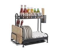 General Space-Saving Dish Drying Rack 2 Tier Dish Drying Rack For Kitchen Counter Stainless Steel Dish Drainer Tray with Cutting Board Holder Black,Double Layer，Double Layer