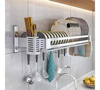 General Stainless Steel Wall Mounted Drying Rack Kitchen Storage Shelf Includes Dish Drainer Tray Cutlery Holder and Cutting Board For Space Saving Storage,6088 Silver 60X30Cm