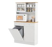 Generic Armario de basura grande inclinable de 70 litros con puerta corrediza de vidrio y estantes ajustables, armario de cocina independiente con encimera de madera de goma y cajones para