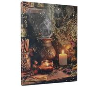 Generic Arte de pared rectangular de bruja, jarrón vintage, hermosas hojas florales, vela, botella de vidrio, lona amarilla, extraíble, decoración para colgar en la guardería, dormitorio, cocina