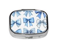 Generic Bonito pastillero cuadrado con estampado de lazo azul, 2 compartimentos para bolso y bolsillo, mini pastillero de metal para viaje