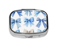 Generic Bonito pastillero cuadrado con estampado de lazo azul, 2 compartimentos para bolso y bolsillo, mini pastillero de metal para viaje
