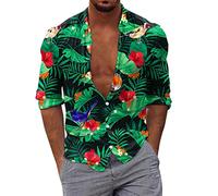 Generic Camisa Hawaiana Hombre Manga Larga Top Hombre Impresión de Flores-Camiseta Hombre con Cuello en V Blusa Atrapada Casual Suelto de Moda Túnica Casual Slim Fit de Playa Tops Clásico, verde, M