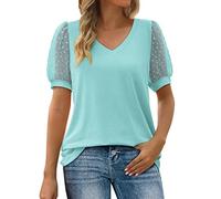 Generic Camisetas básicas para mujer, ajuste holgado, camisetas largas para mujer, manga corta abombada, cuello en V, camiseta de verano y otoño, moda 2024, V-595 Azul Real Claro, L