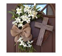 Generic Corona de Pascua con letrero de cruz y lazo de arpillera, decoraciones de Pascua, madera, color blanco