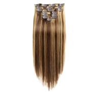Generic Extensiones de cabello humano, rubio de 16 pulgadas, color caramelo con clip, largo y liso, juego de 7 piezas, cómodo cabello natural real, clips en forma de U, varios estilos