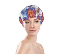 Generic Gorro de ducha con estampado de flores de mandala, impermeable, reutilizable, para cabello de mujer, doble capa, elástico, protección para el cabello